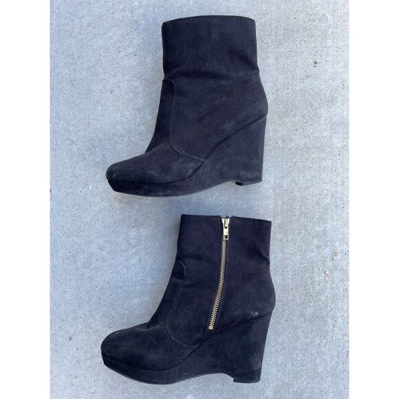 H&M Black Gold Side Zip Women's 3.5 Inch Wedge Heel Bootie Boot Shoe Size 9 - Picture 4 of 7